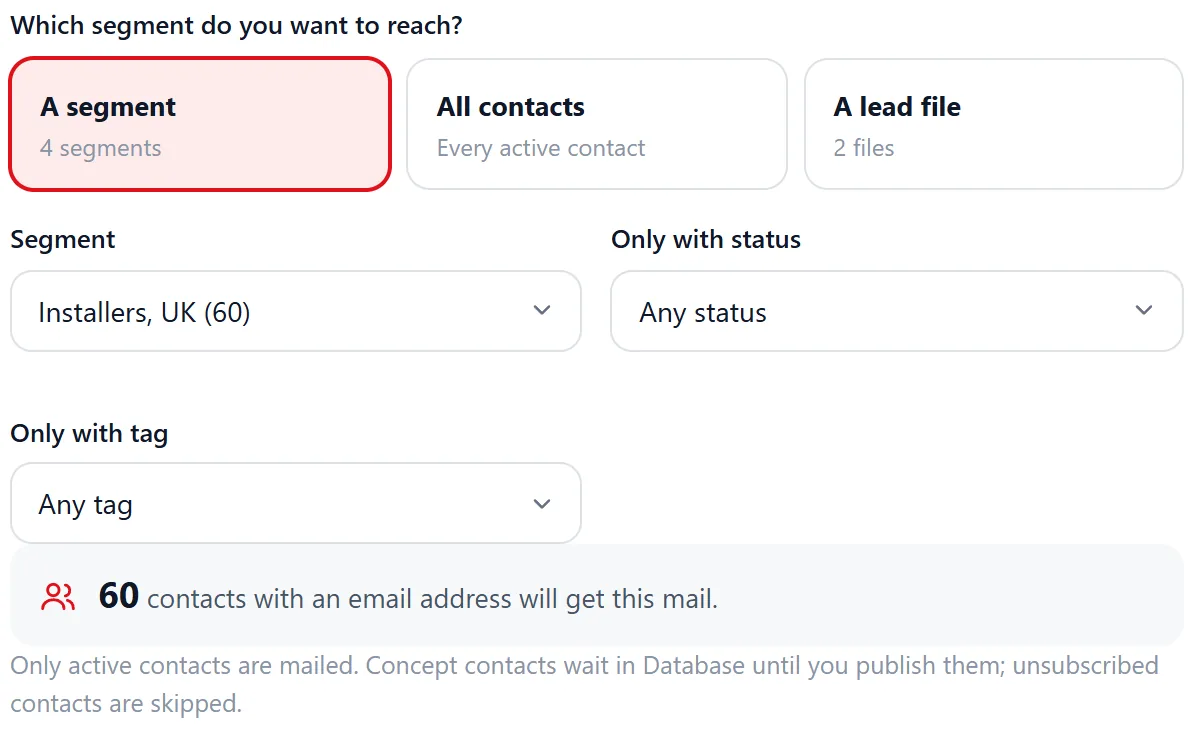 Campaign editor in Riftjaw: pick a segment, write the mail and set the button