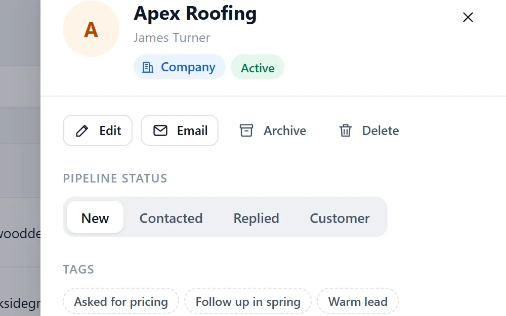 Contact panel in Riftjaw with pipeline status, tags, details and campaign history