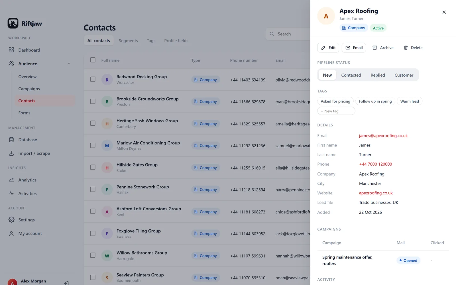 Contact panel in Riftjaw with pipeline status, tags, details and campaign history