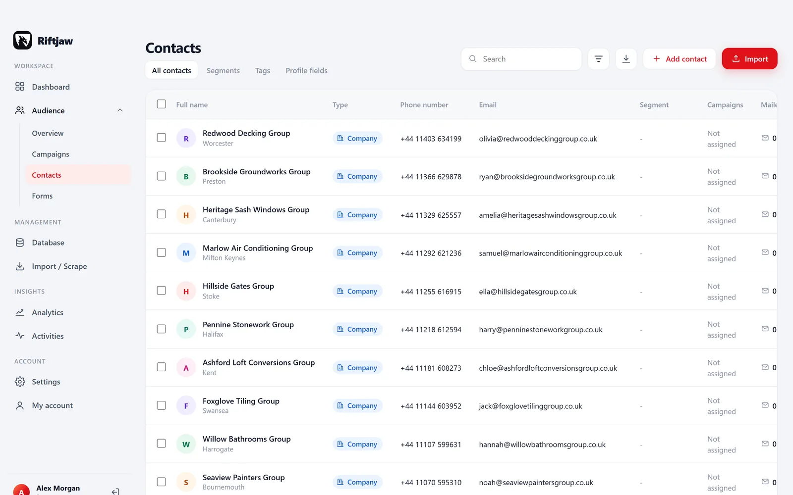 Contacts list in Riftjaw with company, phone, email, segment, campaigns and tags