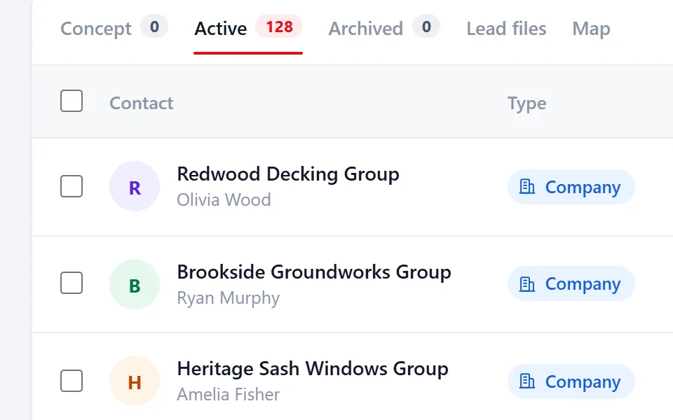 Database in Riftjaw with active contacts, segment, lead file and source