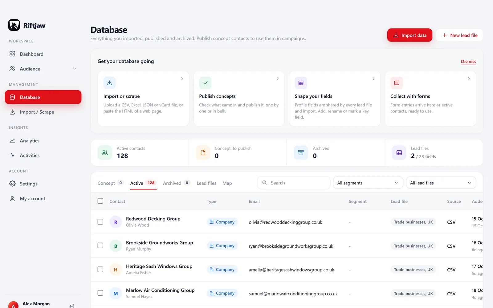 Database in Riftjaw with active contacts, segment, lead file and source