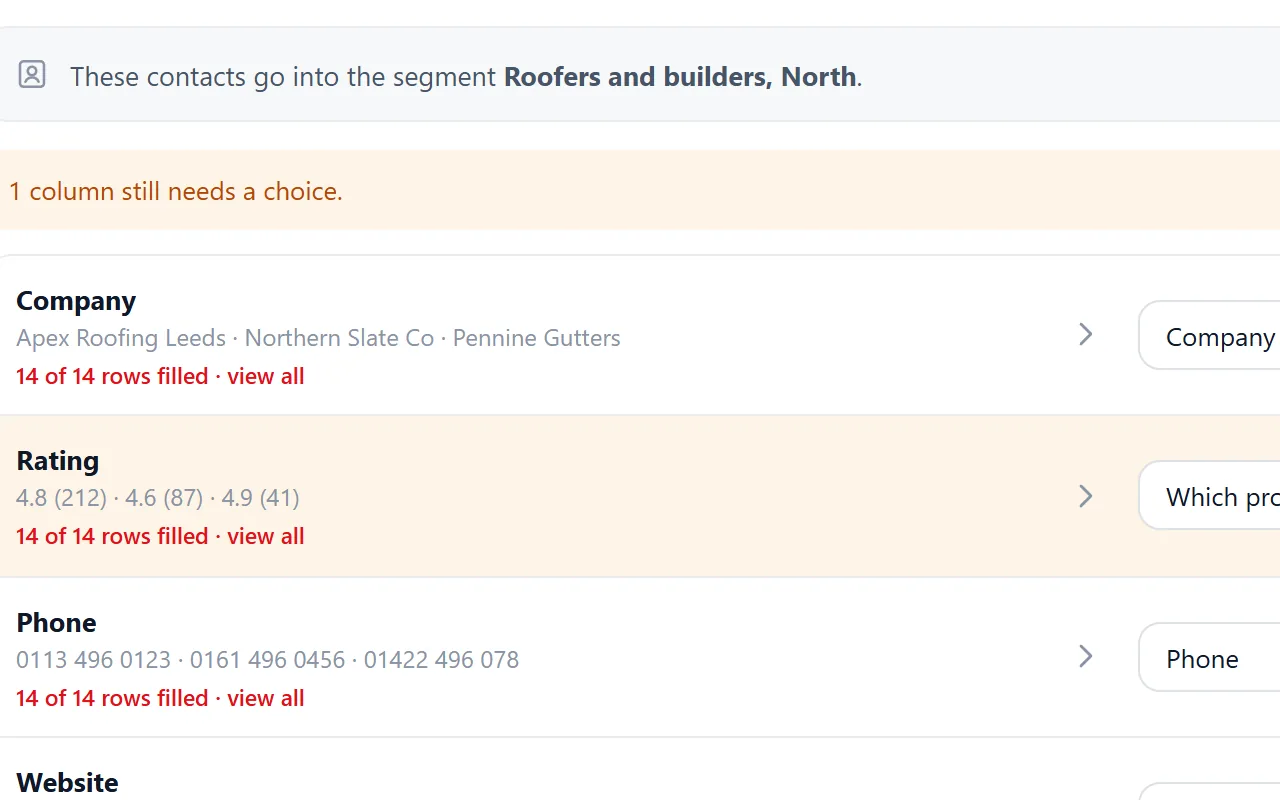 Import in Riftjaw: every column matched to a profile field, with all rows previewed