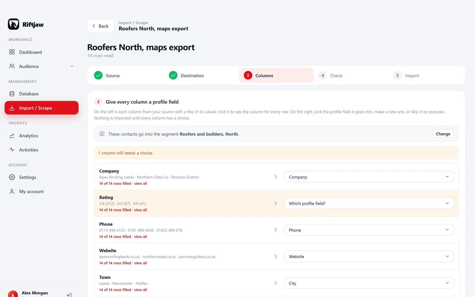 Import in Riftjaw: every column matched to a profile field, with all rows previewed