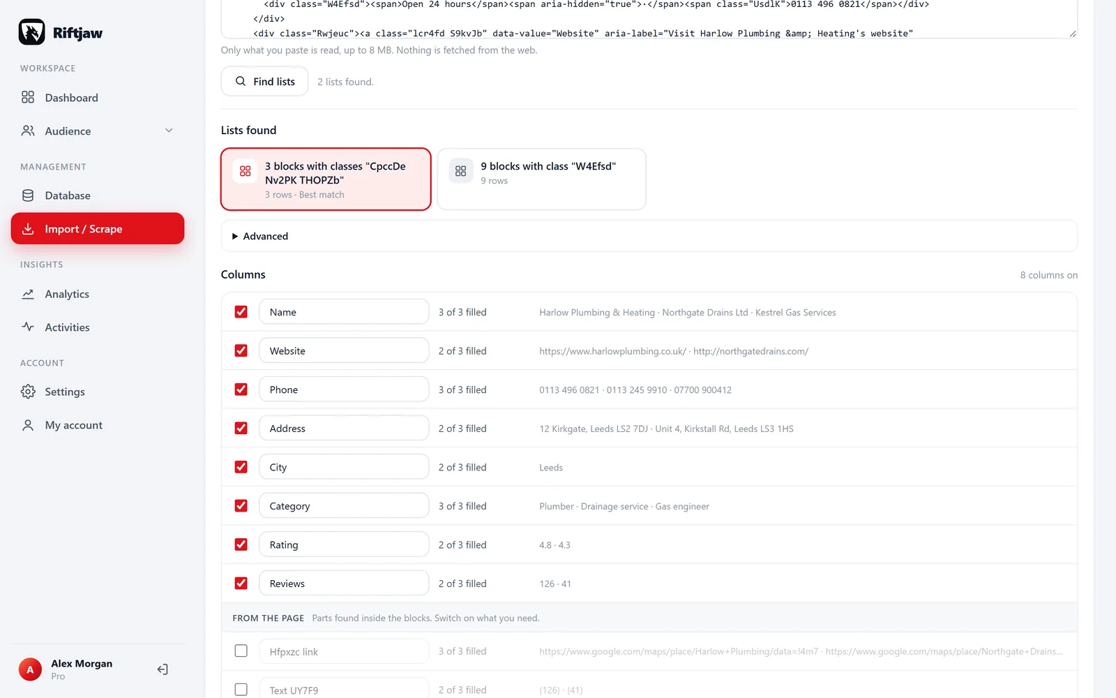Paste and collect in Riftjaw: a pasted web page turned into a table of companies