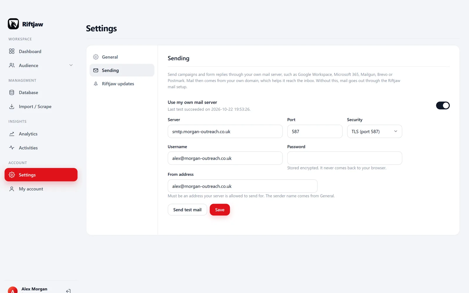 Sending settings in Riftjaw: send campaigns from your own domain over SMTP